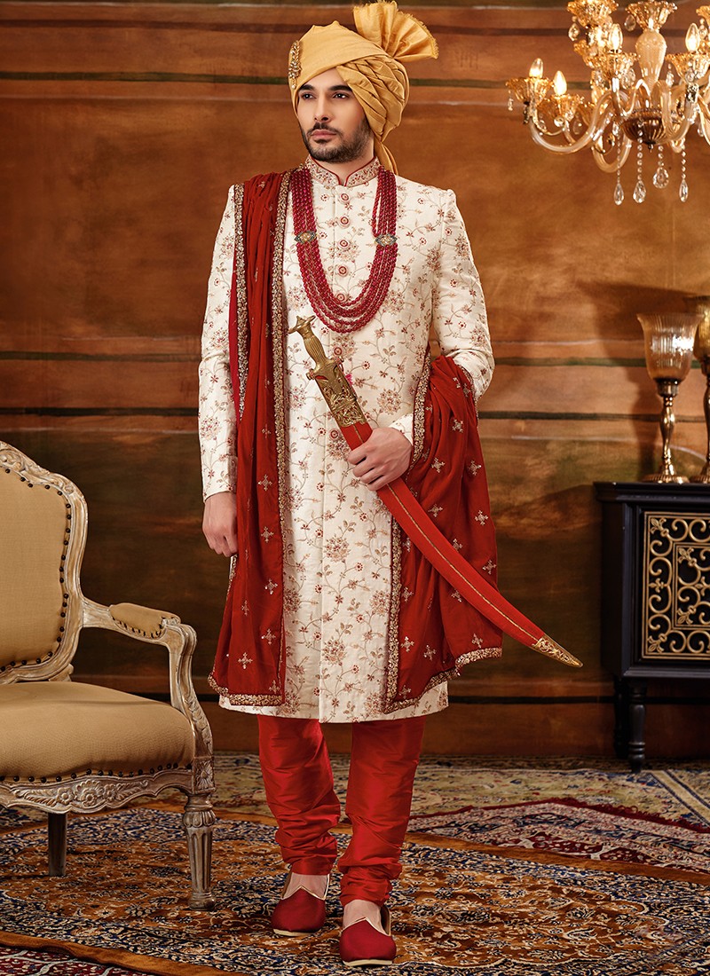 Kuwait Sherwani Dress Price Red And White Colour Designer