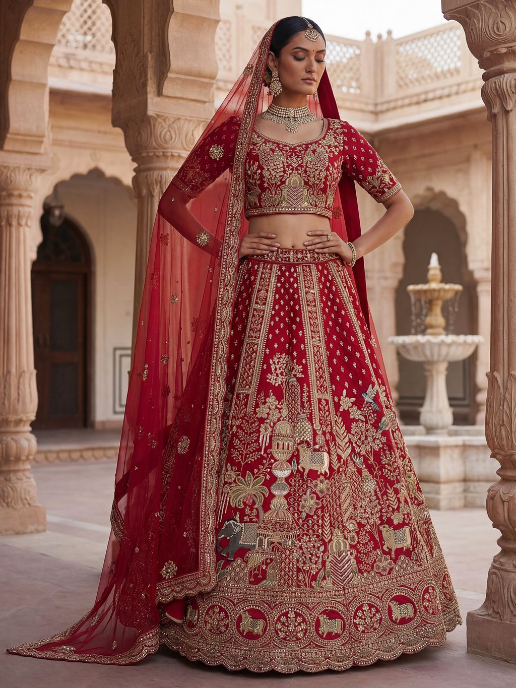 Red Pure Soft Gadwal Silk Heavy Embroidery Work Bridal Lehenga 