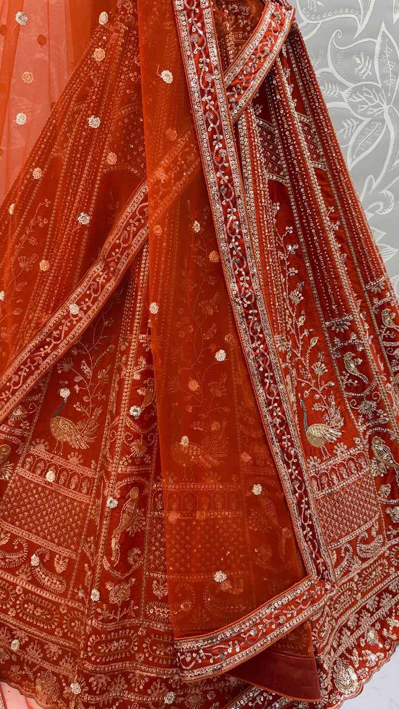 Orange Pure Soft Silk Heavy Embroidery Work Bridal Lehenga 