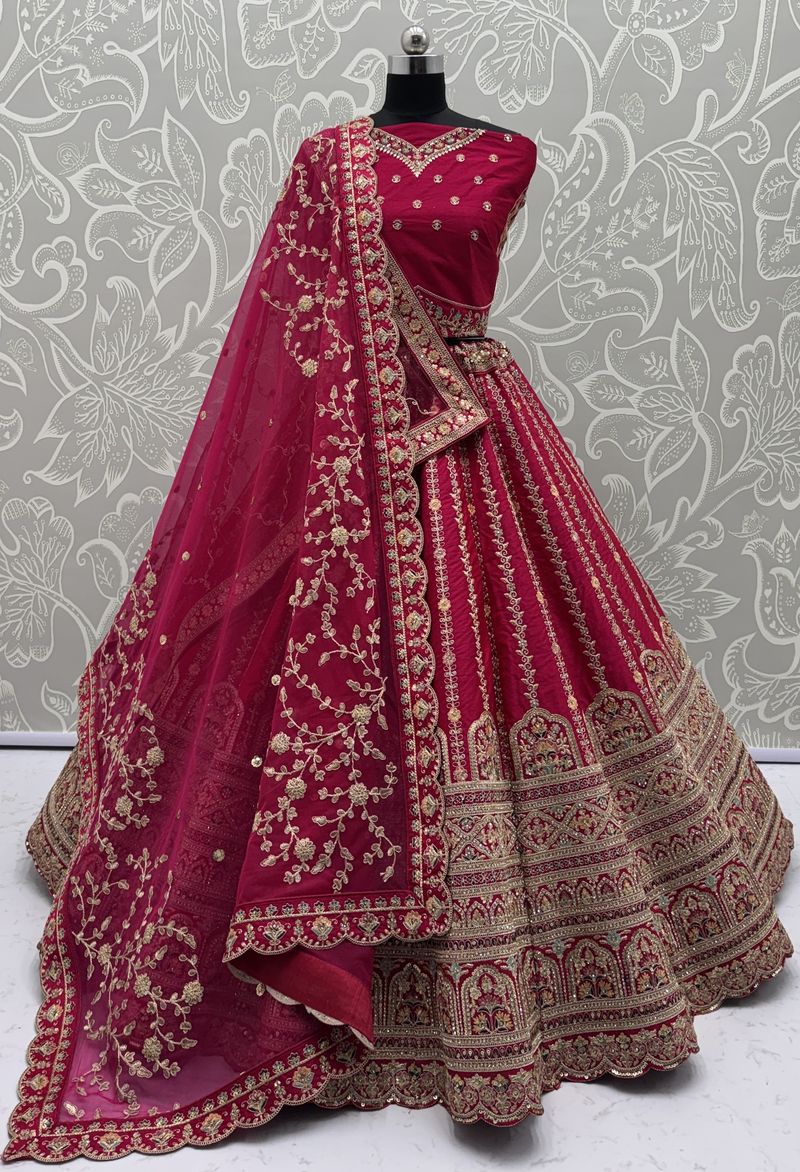 Raspberry Pure Soft Gadhwal Silk Heavy Embroidery Work Bridal Lehenga