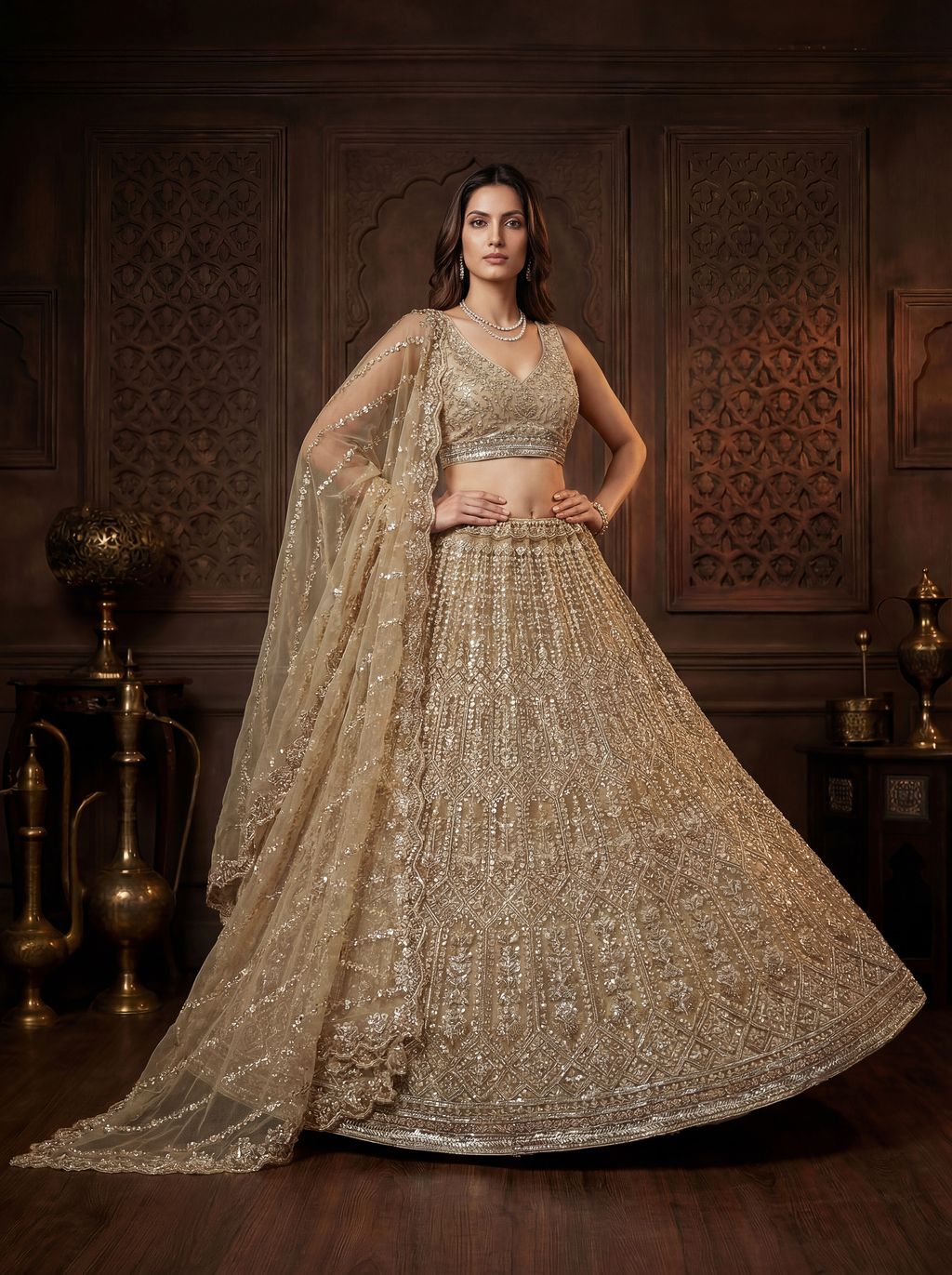 Golden Pure Soft Net Heavy Embroidery Work Bridal Lehenga ##color## Bridal Lehenga with premium fabric and embroidery