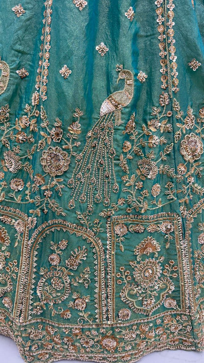 Dark Mint Pure Soft Heavy Fendi Orgenza Sequins Embroidery Work Bridal Lehenga 