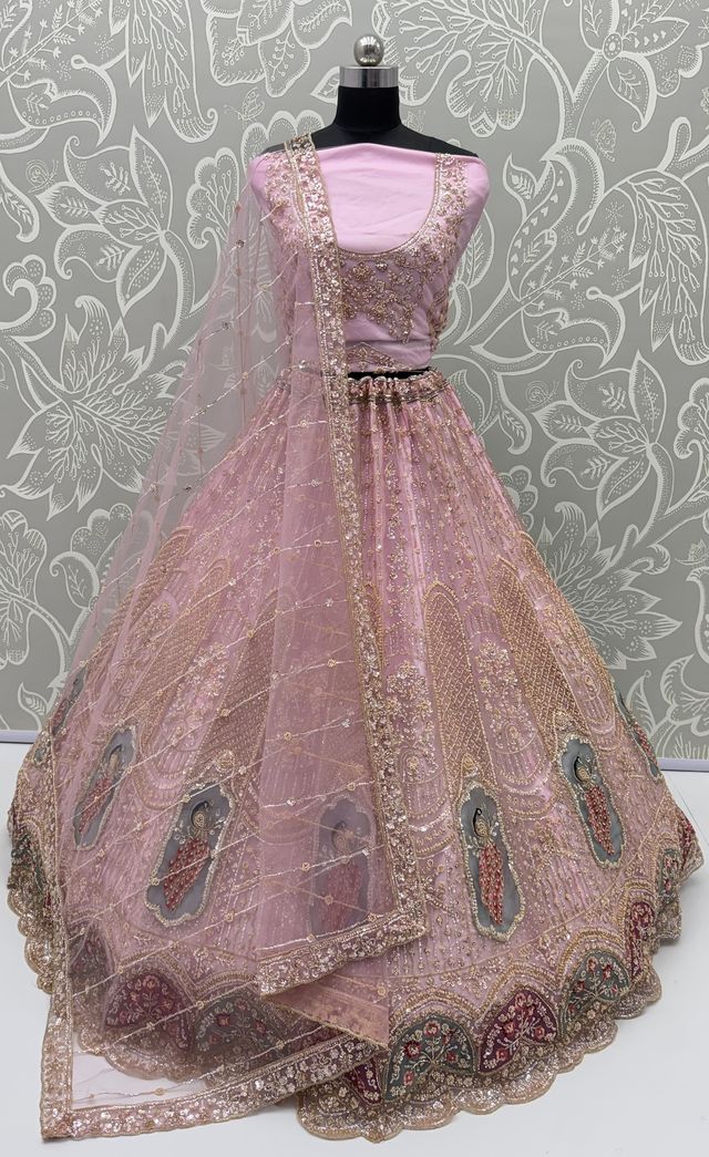 Pink Pure Heavy Net Motif Handwork Zari Sequins Work Bridal Lehenga Choli