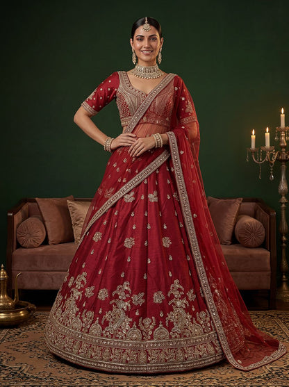 Maroon Pure Soft Gadwal Silk Heavy Embroidery Work Bridal Lehenga 