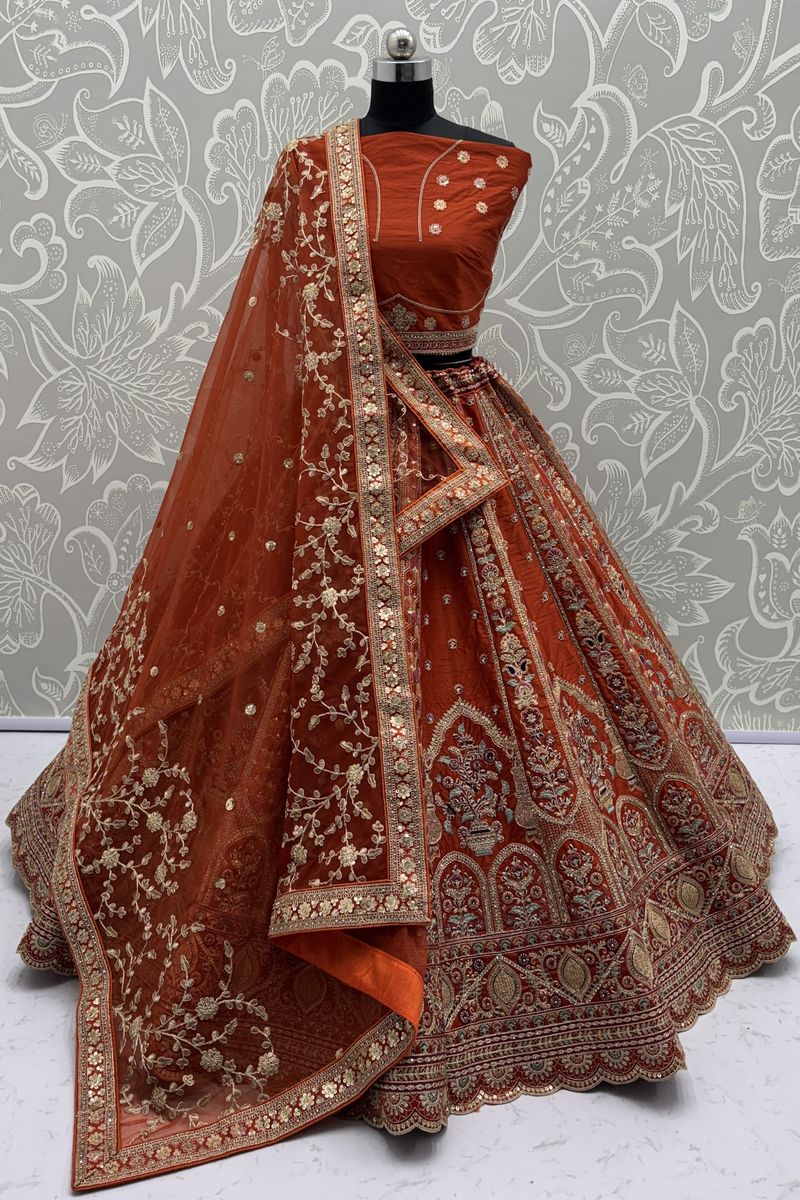 Orange Pure Soft Gadhwal Silk Premium Bridal Lehenga Choli Wedding Lehenga Choli Anant Tex Exports Pvt.Ltd..
