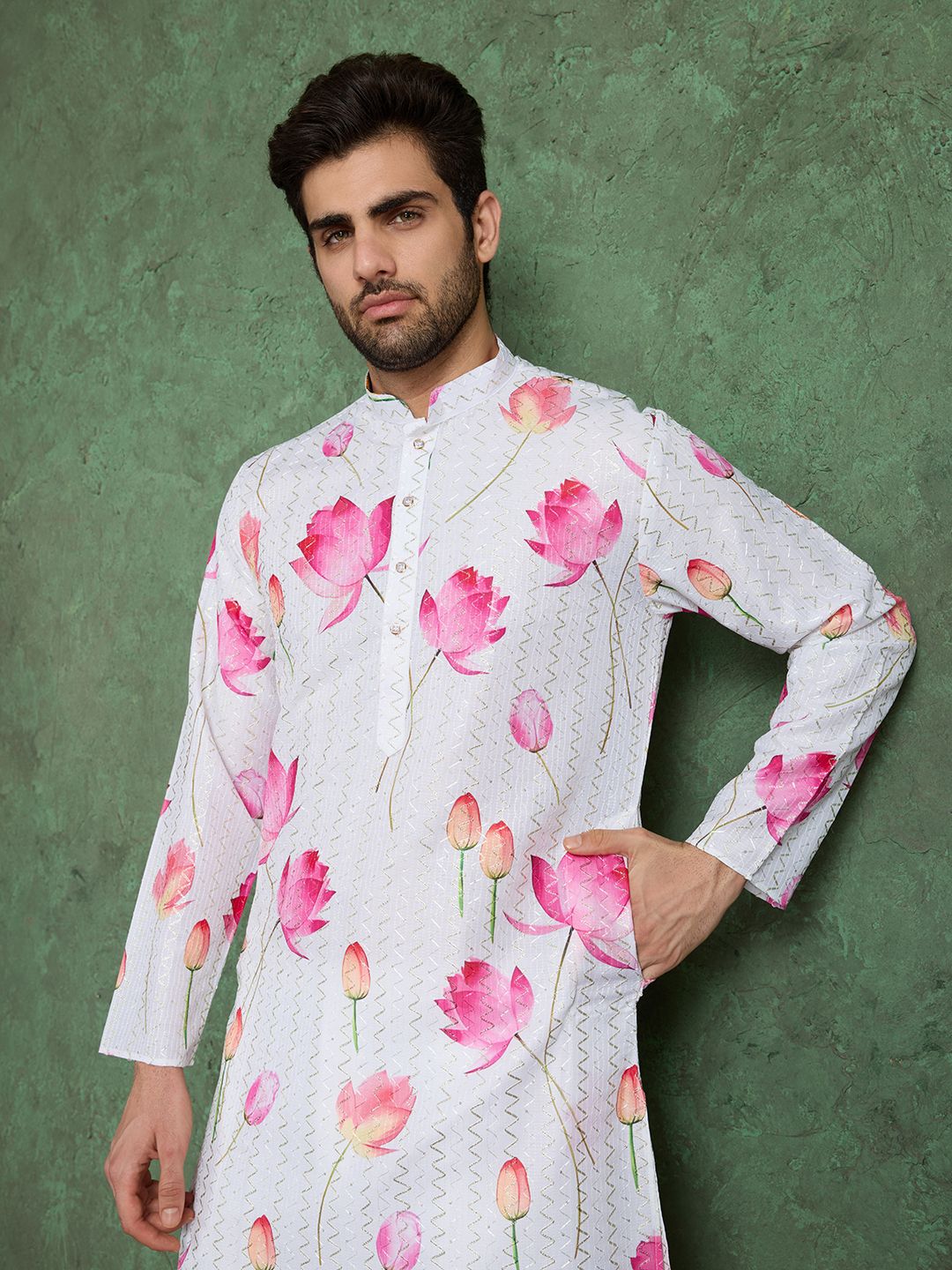 White &amp; Pink Pure Heavy Reyon Silk with Embroidery Work Printed Kurta Pajama