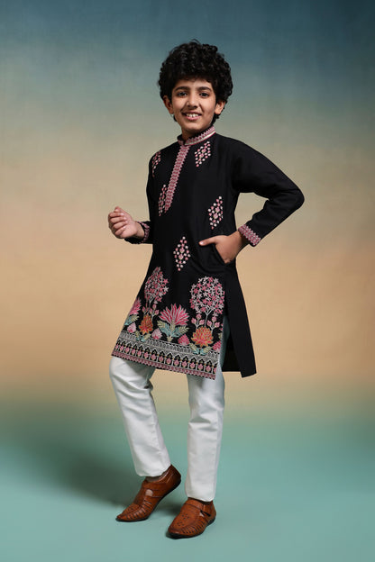 Black Pure Viscose Silk Kids Boy Kurta Pajama