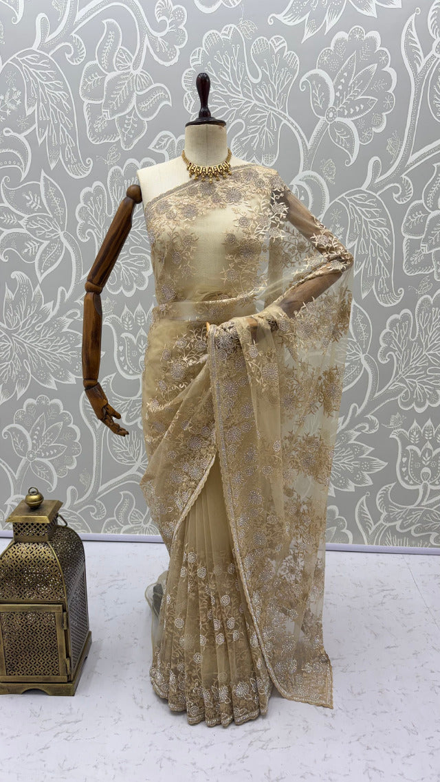 Gold Pure Premium Net Handwork Kasti &amp; Motif Zari Metallic Sequins Work Wedding Saree