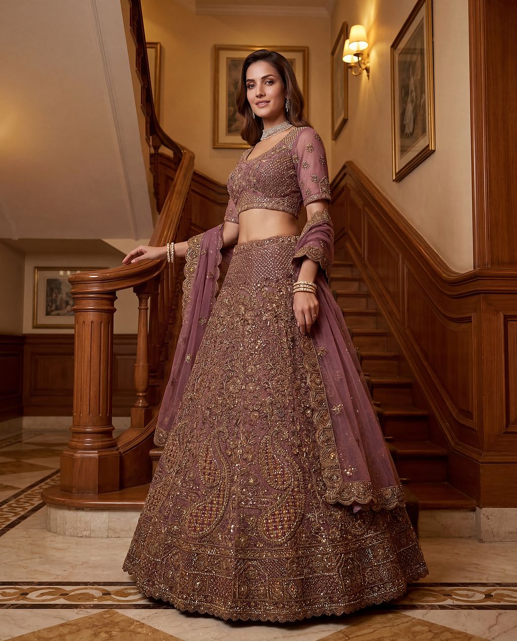 Light Purple Pure Soft Heavy Net Sequins Embroidery Work Bridal Lehenga 