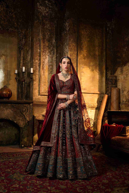 Maroon Embroidered Bridal Lehenga with Heavy Zari &amp; Paisley Work