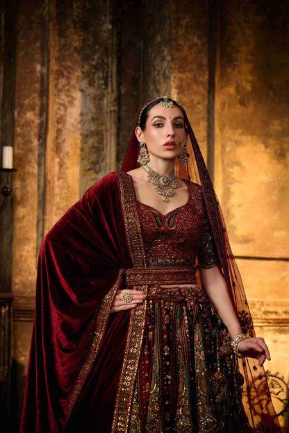 Maroon Embroidered Bridal Lehenga with Heavy Zari &amp; Paisley Work
