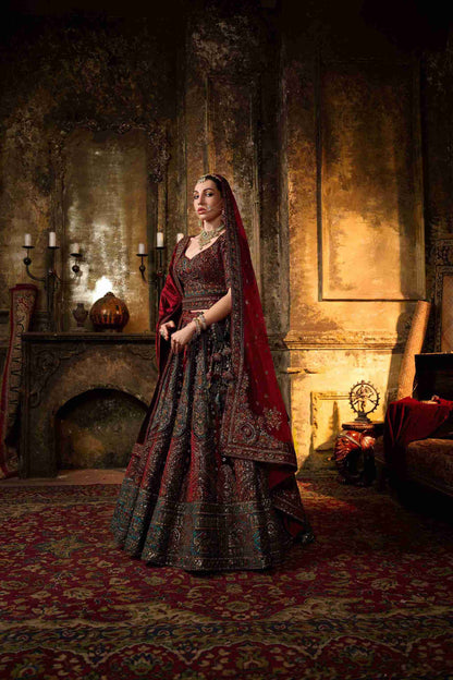 Maroon Embroidered Bridal Lehenga with Heavy Zari &amp; Paisley Work