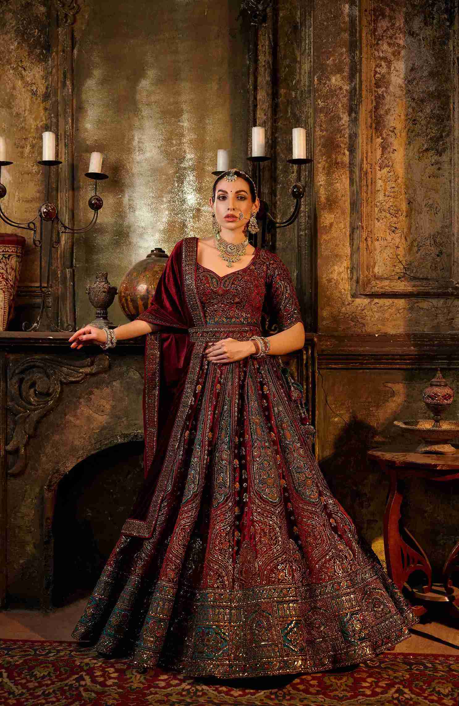 Maroon Embroidered Bridal Lehenga with Heavy Zari &amp; Paisley Work