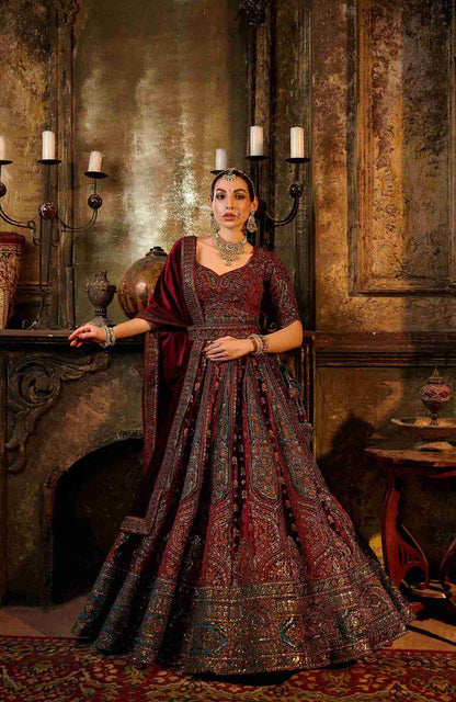 Maroon Embroidered Bridal Lehenga with Heavy Zari &amp; Paisley Work