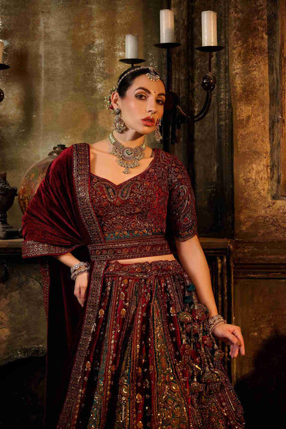 Maroon Embroidered Bridal Lehenga with Heavy Zari &amp; Paisley Work