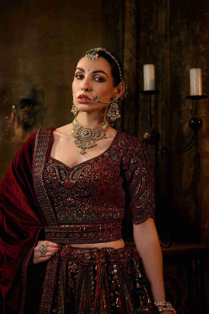 Maroon Embroidered Bridal Lehenga with Heavy Zari &amp; Paisley Work