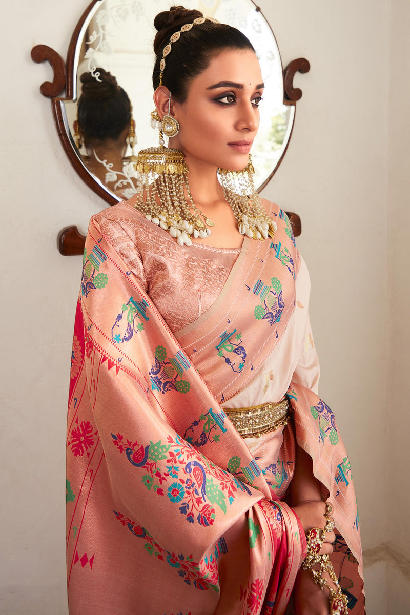 Alluring Beige Zari Woven Traditional Paithani Silk Saree