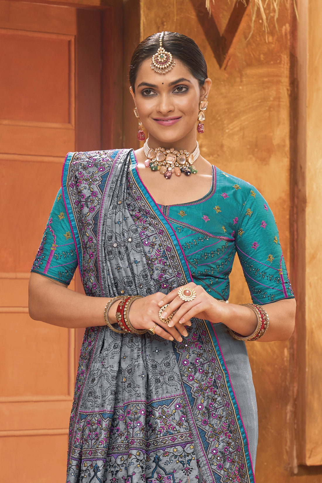 Bridal Wedding Grey Kacchi Work Banarasi Silk Saree