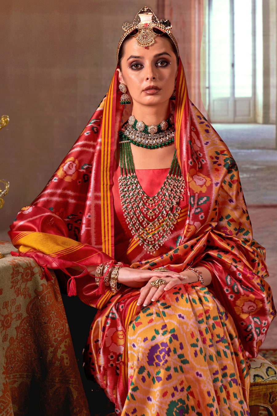 Red & Peach Pure P.V Silk Printed Patan Patola Silk Saree ##color## Patola Saree with premium fabric and embroidery