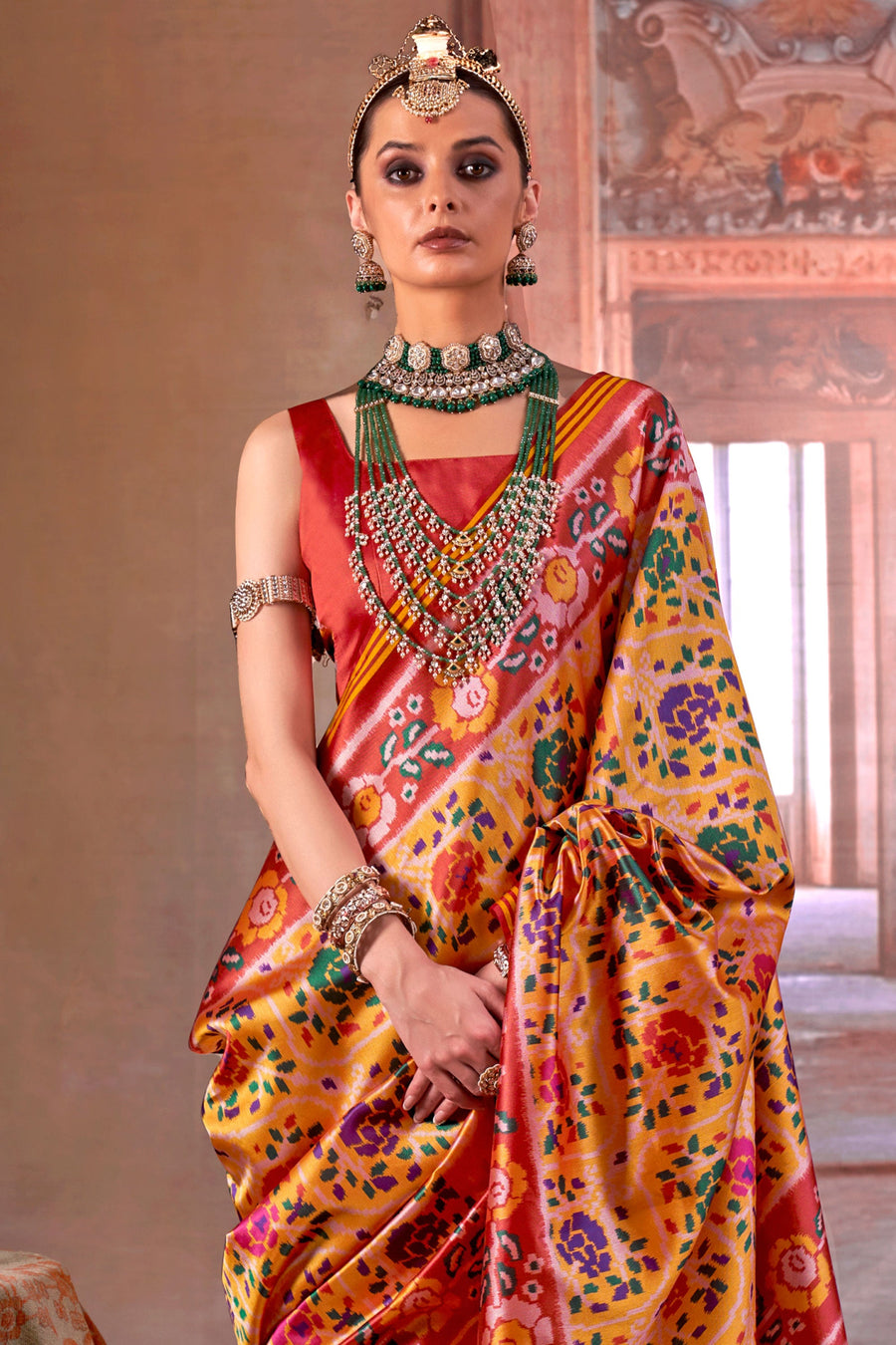 Red &amp; Peach Pure P.V Silk Printed Patan Patola Silk Saree 