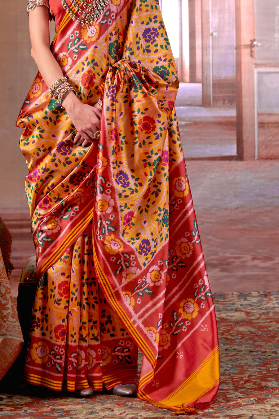 Red & Peach Pure P.V Silk Printed Patan Patola Silk Saree ##color## Patola Saree with premium fabric and embroidery