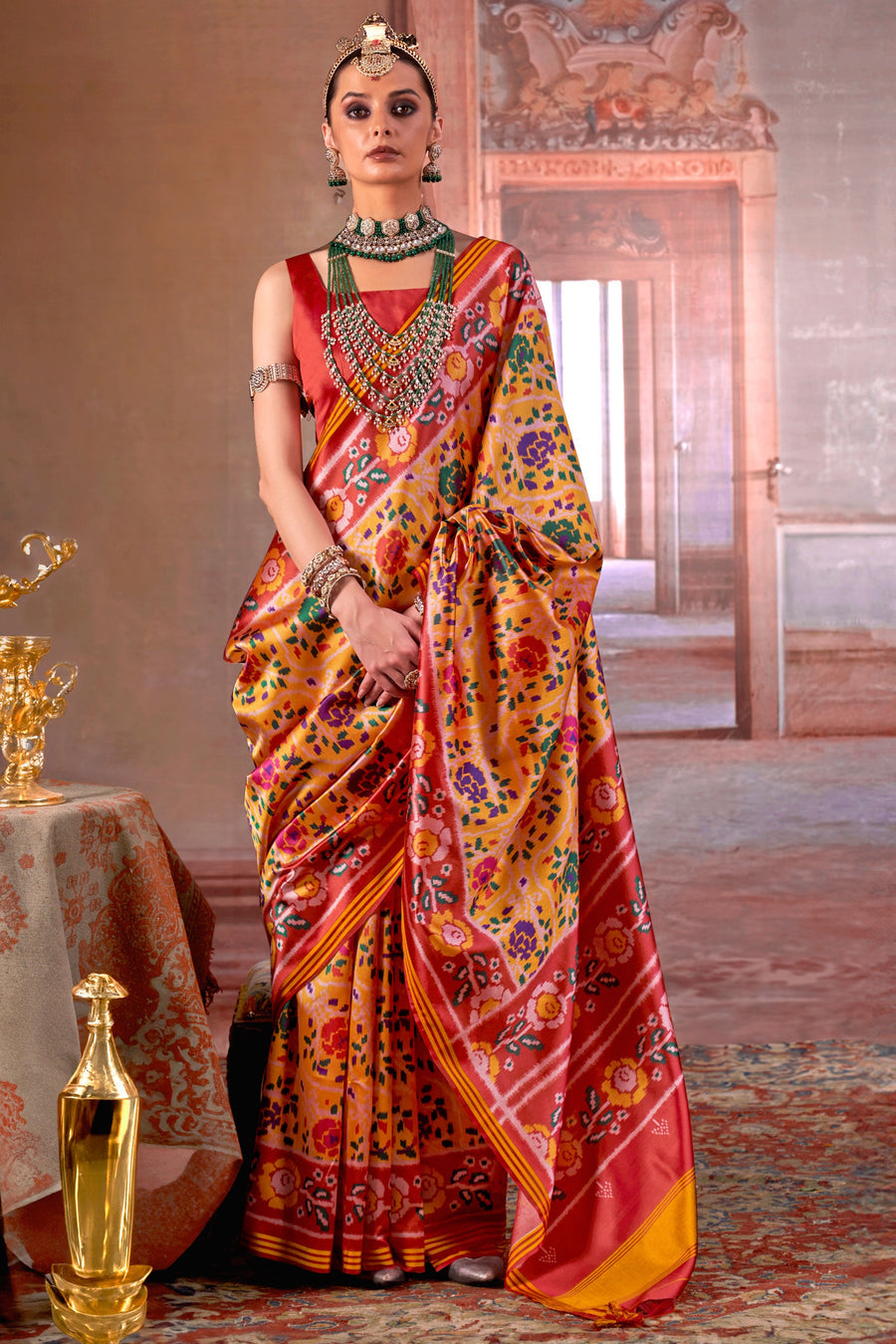 Red & Peach Pure P.V Silk Printed Patan Patola Silk Saree ##color## Patola Saree with premium fabric and embroidery
