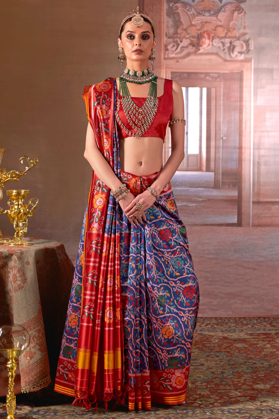 Red & Blue Pure P.V Silk Printed Patan Patola Silk Saree ##color## Patola Saree with premium fabric and embroidery
