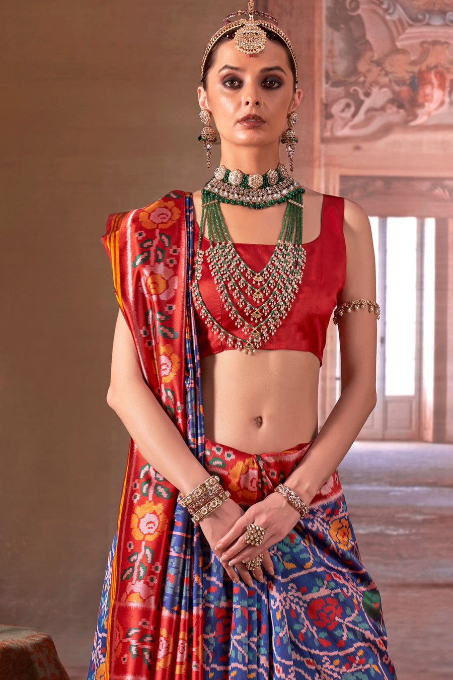 Red & Blue Pure P.V Silk Printed Patan Patola Silk Saree ##color## Patola Saree with premium fabric and embroidery