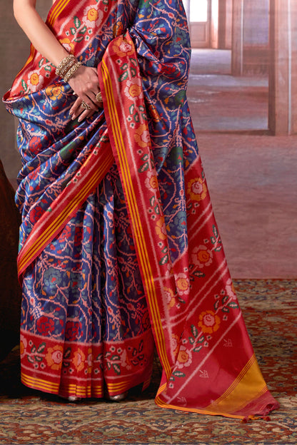 Red &amp; Blue Pure P.V Silk Printed Patan Patola Silk Saree 