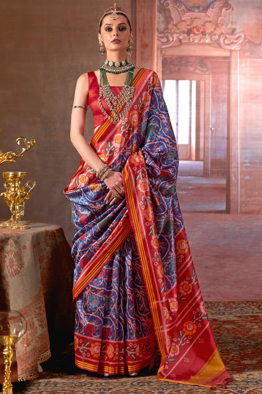 Red & Blue Pure P.V Silk Printed Patan Patola Silk Saree ##color## Patola Saree with premium fabric and embroidery
