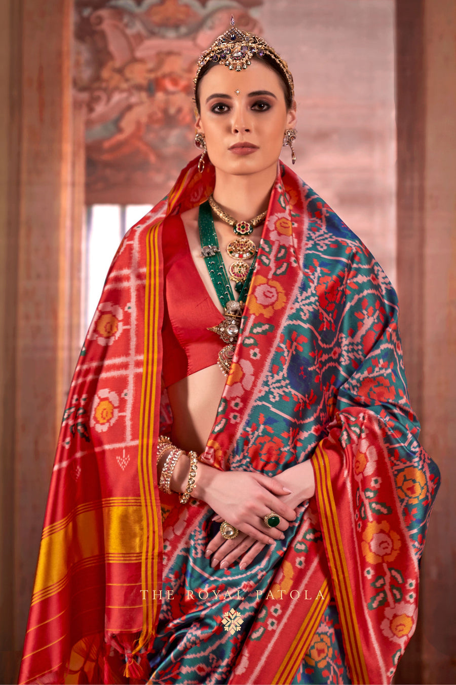Red &amp; Teal Pure P.V Silk Printed Patan Patola Silk Saree 