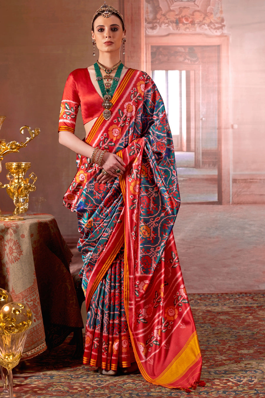 Red &amp; Teal Pure P.V Silk Printed Patan Patola Silk Saree 