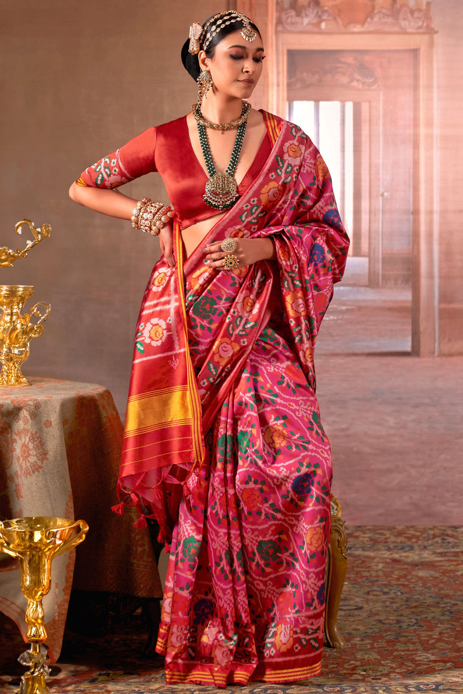 Red & Pink Pure P.V Silk Printed Patan Patola Silk Saree ##color## Patola Saree with premium fabric and embroidery