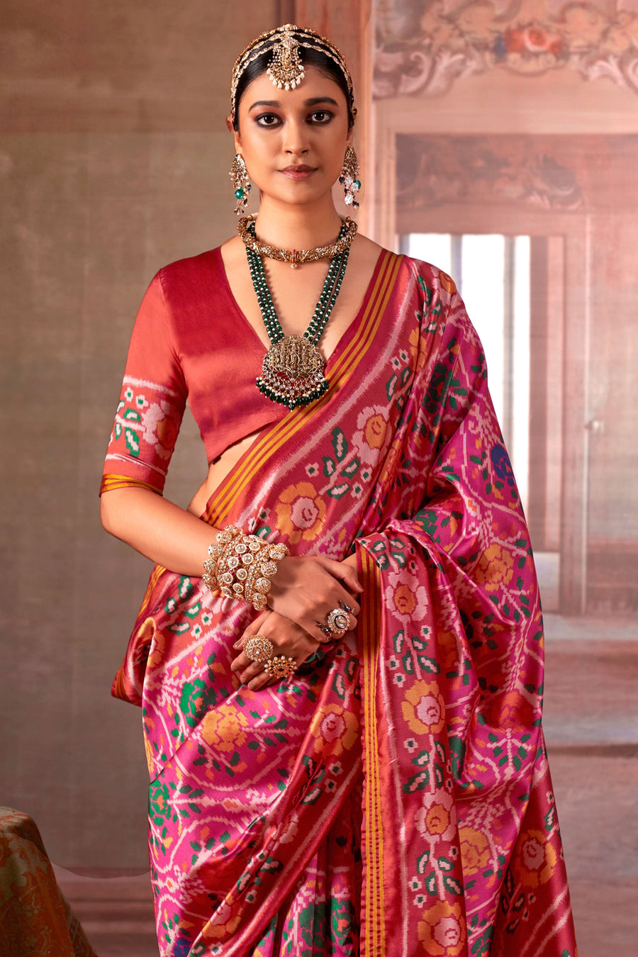 Red & Pink Pure P.V Silk Printed Patan Patola Silk Saree ##color## Patola Saree with premium fabric and embroidery