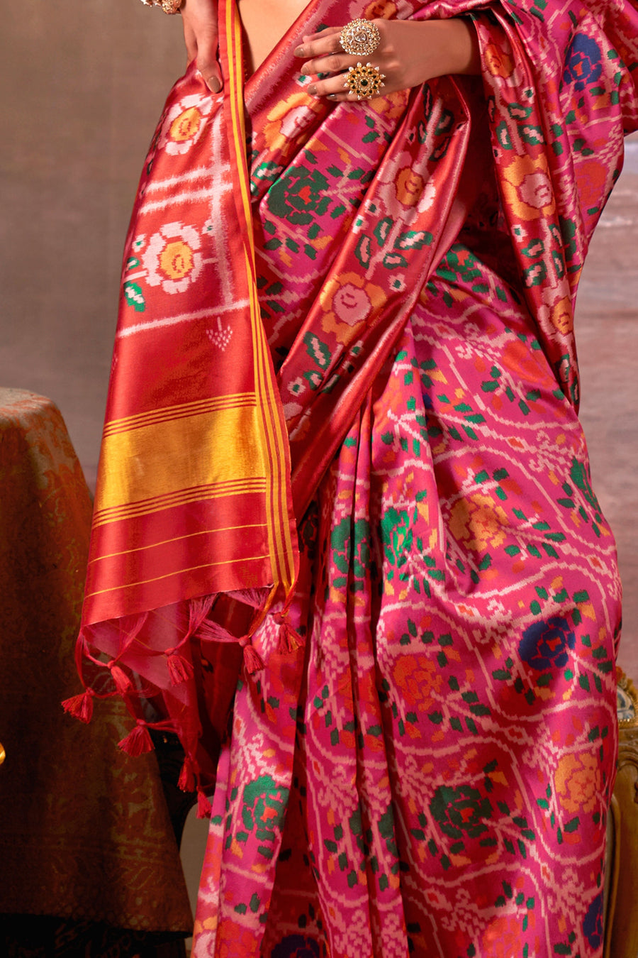 Red & Pink Pure P.V Silk Printed Patan Patola Silk Saree ##color## Patola Saree with premium fabric and embroidery