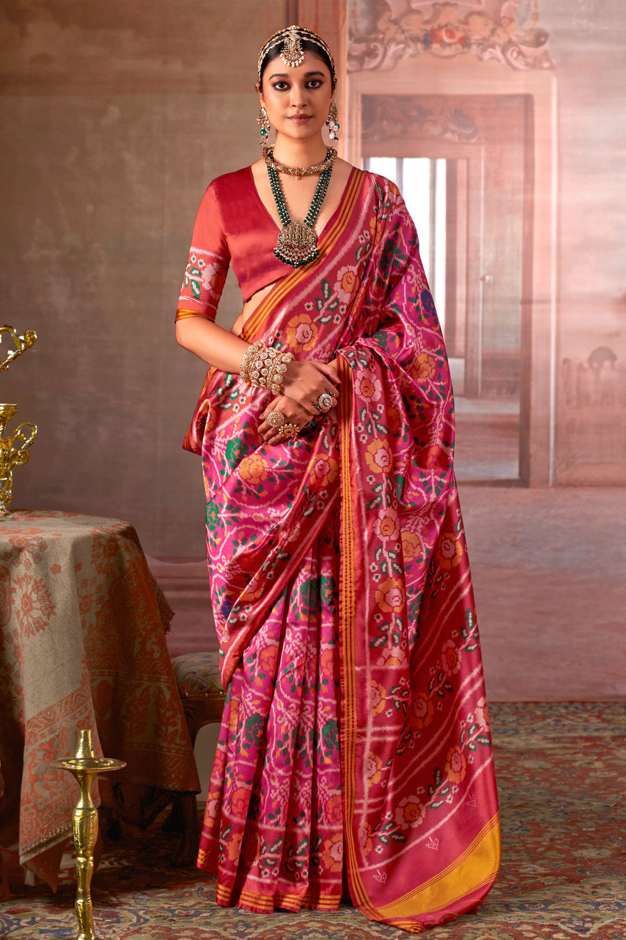 Red &amp; Pink Pure P.V Silk Printed Patan Patola Silk Saree 