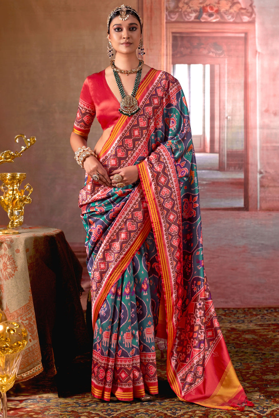 Red &amp; Grey Pure P.V Silk Printed Patan Patola Silk Saree 