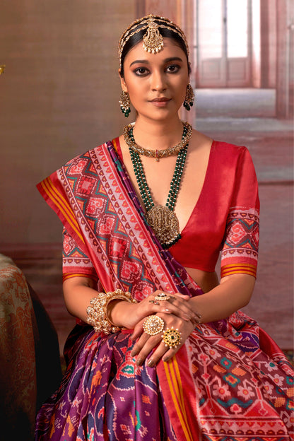 Red &amp; Purple Pure P.V Silk Printed Patan Patola Silk Saree 