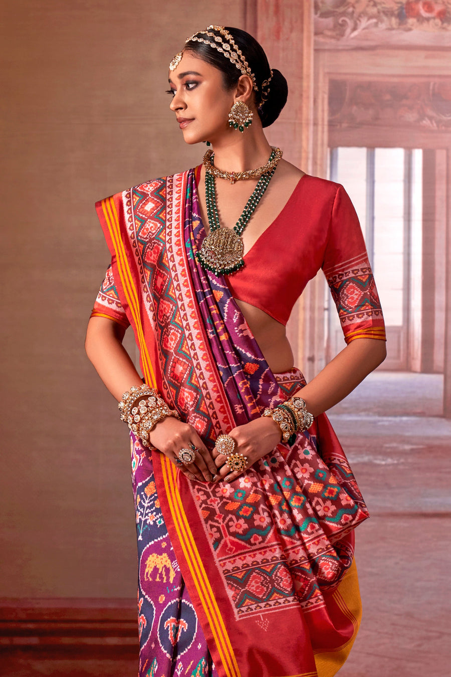 Red &amp; Purple Pure P.V Silk Printed Patan Patola Silk Saree 