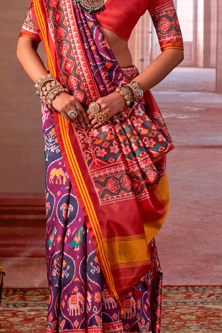 Red &amp; Purple Pure P.V Silk Printed Patan Patola Silk Saree 