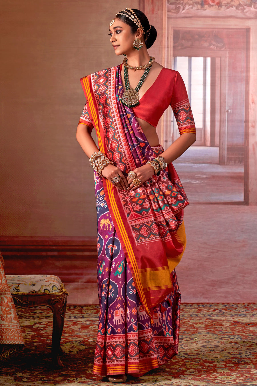Red &amp; Purple Pure P.V Silk Printed Patan Patola Silk Saree 
