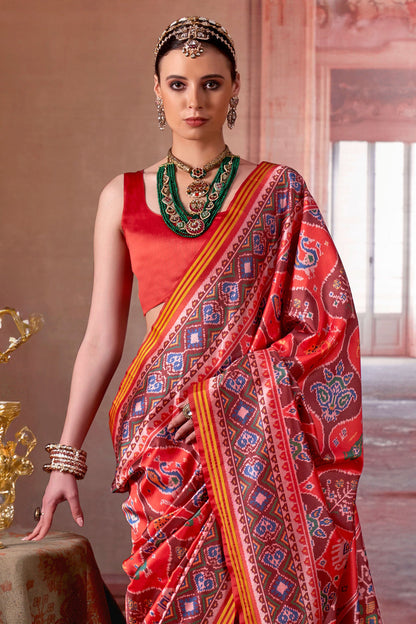 Red &amp; Blue Pure P.V Silk Printed Patan Patola Silk Saree 
