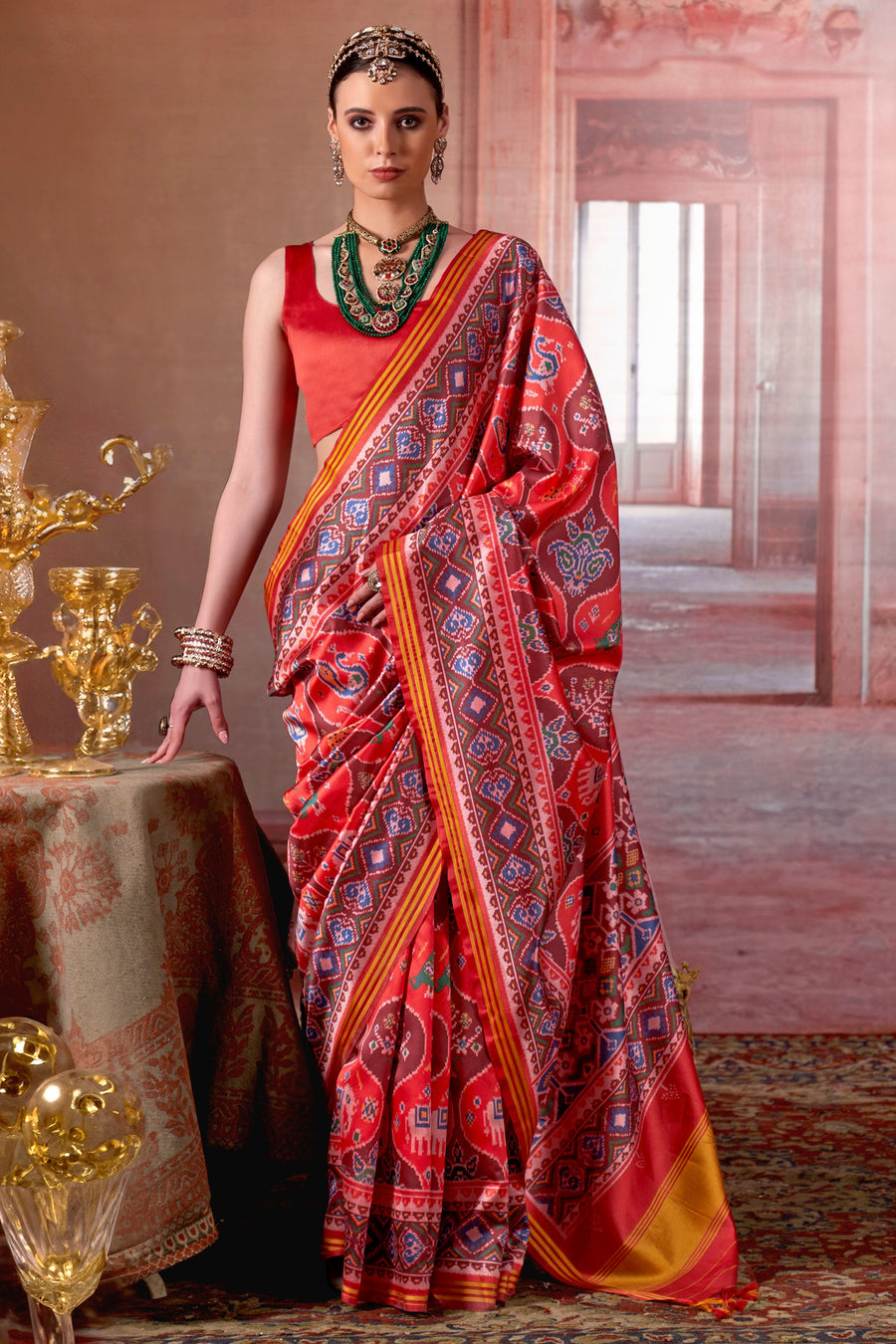 Red & Blue Pure P.V Silk Printed Patan Patola Silk Saree ##color## Patola Saree with premium fabric and embroidery