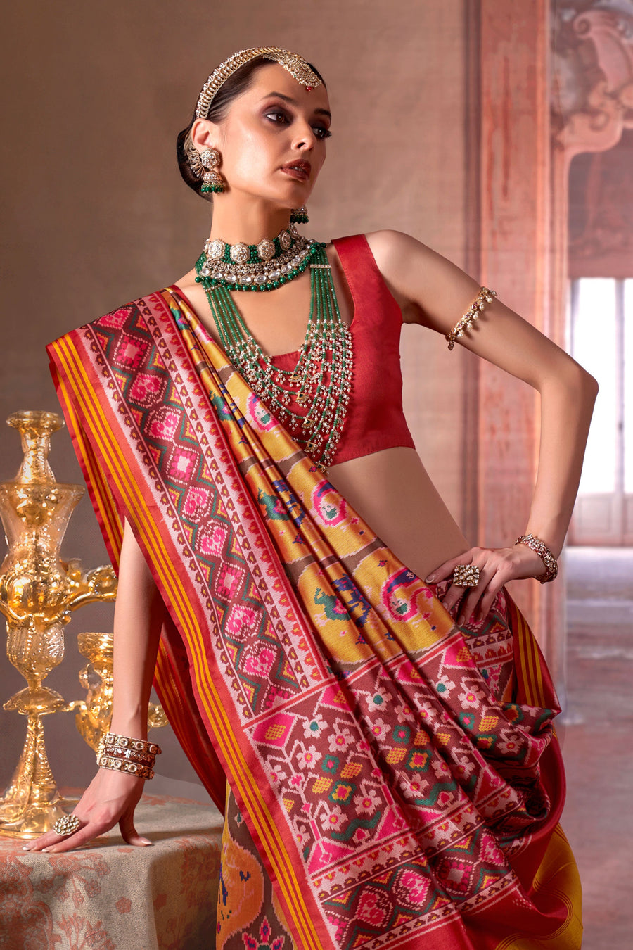 Red & Yellow Pure P.V Silk Printed Patan Patola Silk Saree ##color## Patola Saree with premium fabric and embroidery