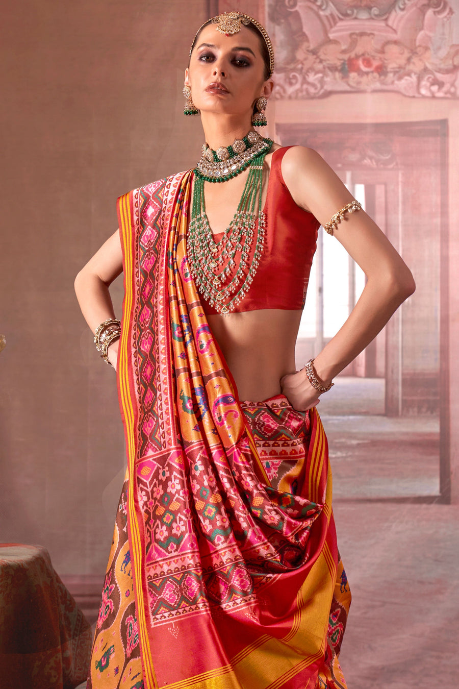 Red & Yellow Pure P.V Silk Printed Patan Patola Silk Saree ##color## Patola Saree with premium fabric and embroidery