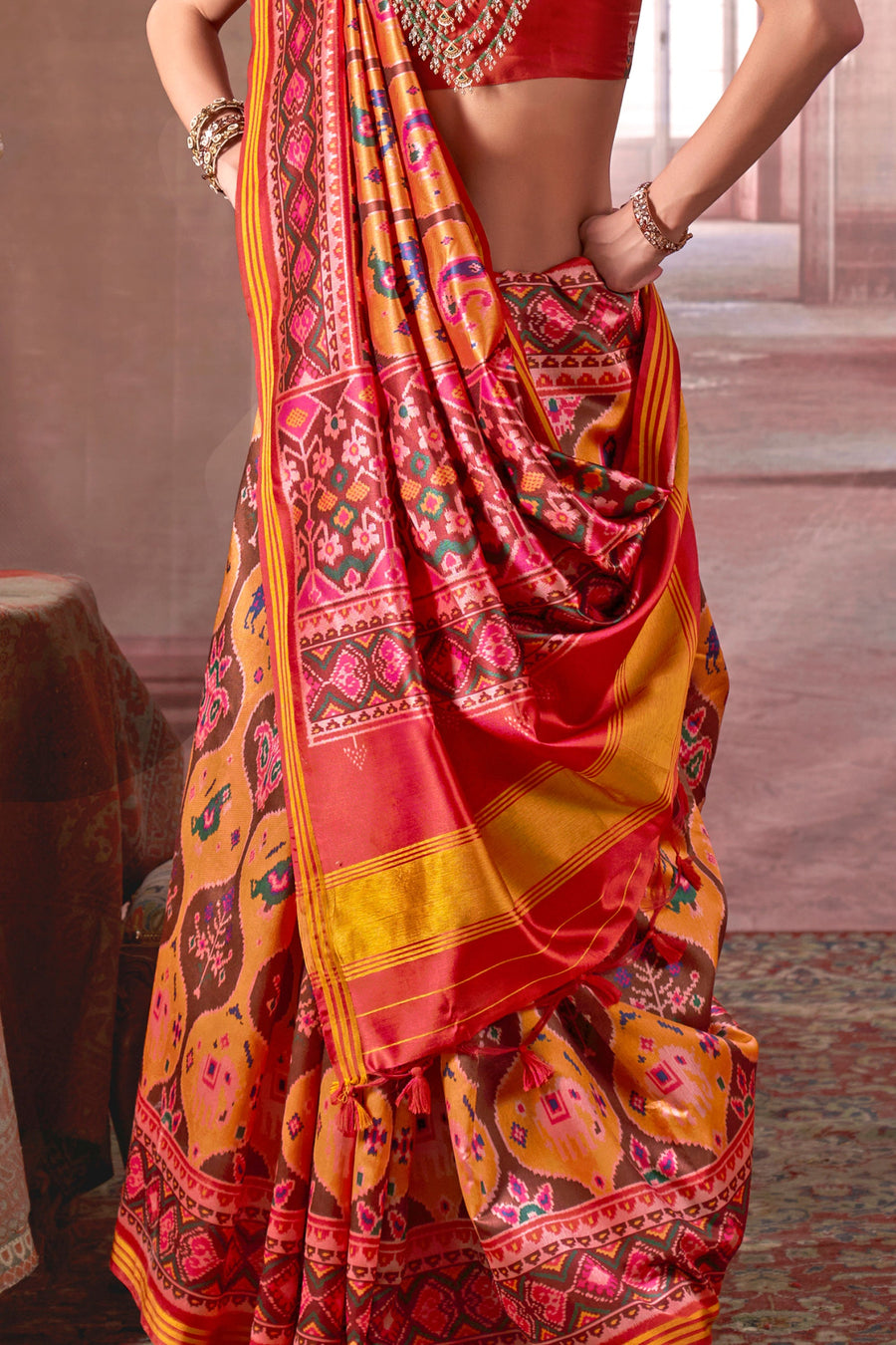 Red & Yellow Pure P.V Silk Printed Patan Patola Silk Saree ##color## Patola Saree with premium fabric and embroidery