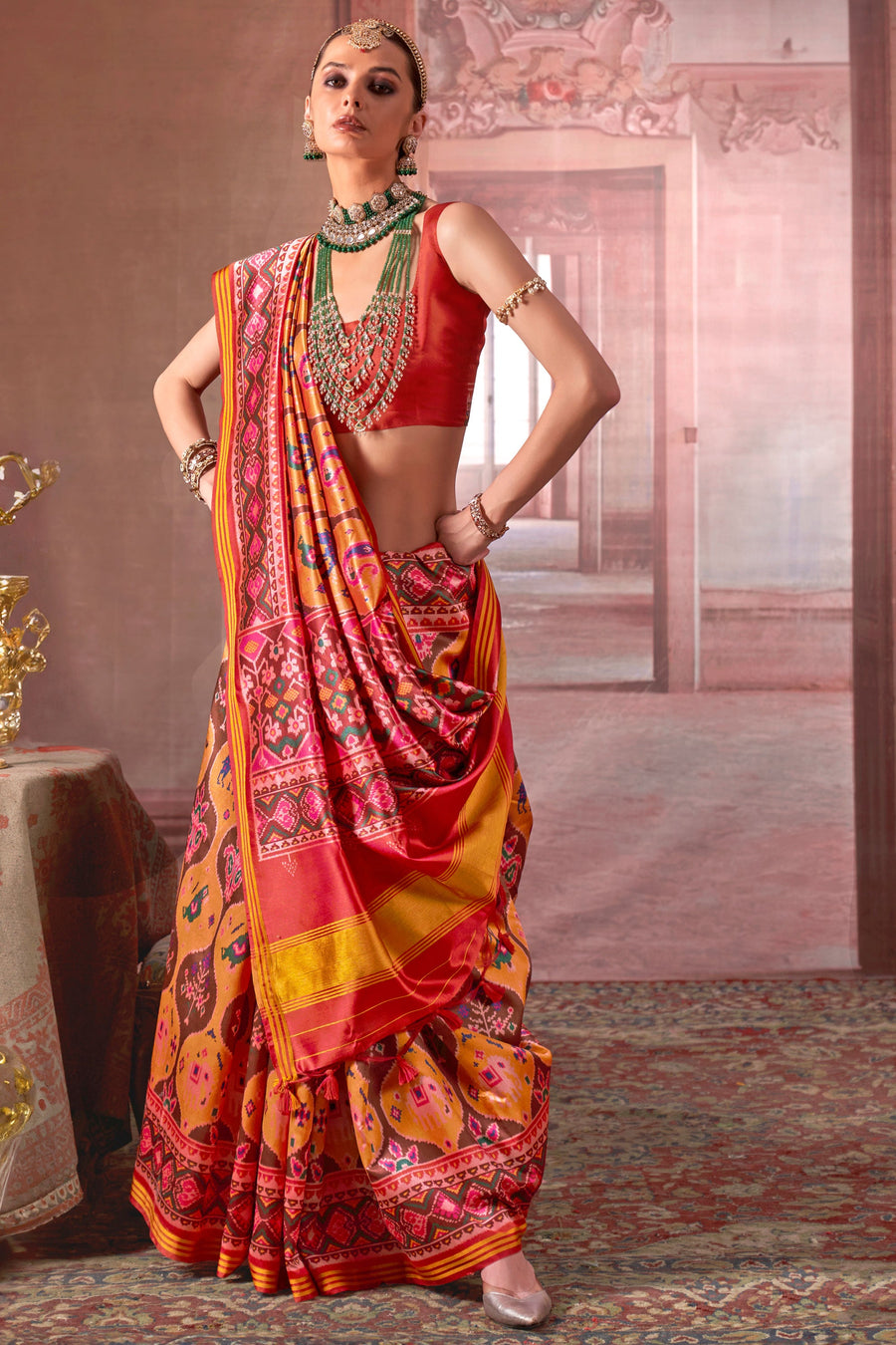 Red & Yellow Pure P.V Silk Printed Patan Patola Silk Saree ##color## Patola Saree with premium fabric and embroidery