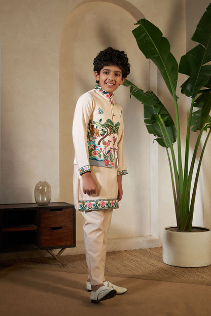 Chiku Pure Viscose Silk Silk Kids Boy Kurta Pajama With Koti Jacket 