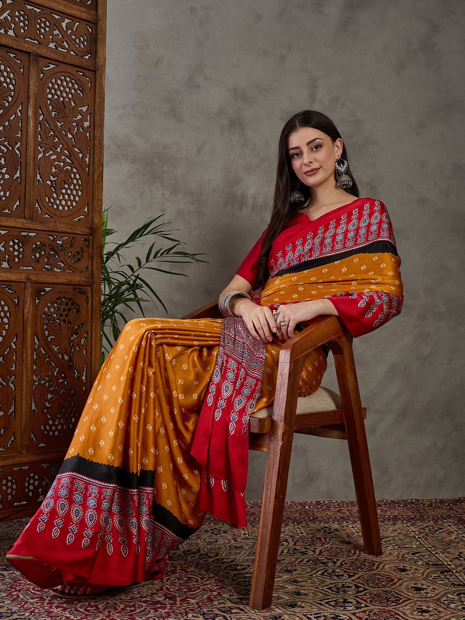 Mustard Pure Semi Modal Silk Ajarkh Printed Saree
