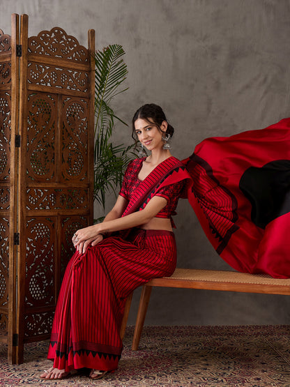 Red Pure Semi Modal Silk Ajarkh Printed Saree 